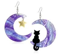 Creative Cute Big Acrylic Black Cat on the Purple Moon Dangle Drop Earrings Dainty Chic Lovely Animal Moon Star Hook Earrings for Women Statement Jewelry
