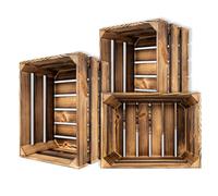 Creative Deco 3 x Large Flamed Wooden Crate with Handles | 40x30x23cm