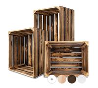 Creative Deco 3 x Large Flamed Wooden Crate with Handles | 50x40x30cm | Keepsake Chest Wooden Storage Box Wooden Crates Gift Box | Vintage Farmhouse Display Basket