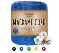 Creative Deco 656 Feet Blue Macrame Cord | 200m | 3mm Thick | Cotton Rope 15 Ply String Yarn Twine Elastic Cord | for Easter, Art and Craft, DIY, Knitting, Gift Wrapping, Wall, Plant Hanger | Strong