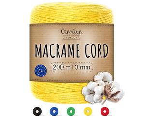 Creative Deco 656 Feet Yellow Macrame Cord | 200m | 3mm Thick | Cotton Rope 15 Ply String Yarn Twine Elastic Cord | for Easter, Art and Craft, DIY, Knitting, Gift Wrapping, Wall, Plant Hanger | Strong