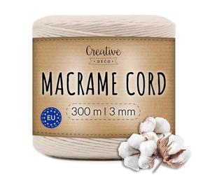 Creative Deco 985 Feet Beige Macrame Cord | 300m | 3mm Thick | Cotton Rope 12 Ply String Yarn Twine Elastic Cord | for Easter, Art and Craft, DIY, Knitting, Gift Wrapping, Wall, Plant Hanger | Strong