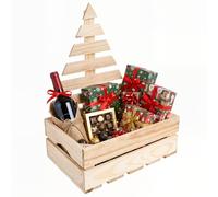 Creative Deco Natural Wooden Crate Storage Box with Christmas Tree | 30 x 20 x 40 cm | Xmas Wine Box | Natural Unpainted Beige Keepsake Chest Gift Box Toy