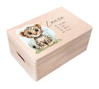 Creative Deco Personalised | Baby Memory Box Souvenir Box - Wild Animals Tiger | Custom Keepsake Boxes | Customised Wooden Storage Box with Hinged Lid