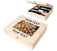 Creative Deco Personalised Unpainted Wooden Wine Box with Clasp | 3 Bottles | 35x30x10cm (+- 1 cm)| Text + Photo | Natural Wood Wine Holder Box Gift Box Storage Chest | UV Print Presentation Box