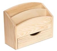 Creative Deco Wooden Desk Organiser Letter Rack | 25 x 10 x 20.5cm | 2 Compartments with Drawer | Unpainted Wood Box Tray for Letters Paper Work | Plain Organiser for Office Accessories & Storage