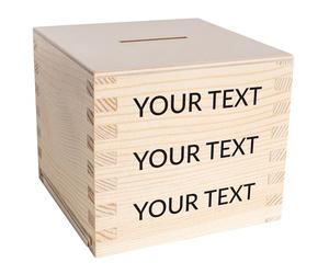 Creative Deco Wooden Money Box Storage Box | Your Text | Personalised Piggy Bank Money Box Gift Box | 9.5 x 9.5 x 9 cm (+/- 0.5 cm) | Savings Box Customised Box | Raw Pine Wood