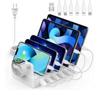 CREATIVE DESIGN Charging Station for Multiple Devices, 50W 6 Ports Charging Dock with 6 Cables Compatible with Cellphone,Tablet, Kindle, Apple Watch and Other Electronic