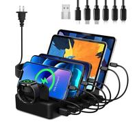 CREATIVE DESIGN Charging Station for Multiple Devices, 50W 6 Ports USB Charger Station with Apple Watch Holder & 6 Cables, Charging Dock for iPad Cellphone Kindle Tablet and Other Electronic (Black)
