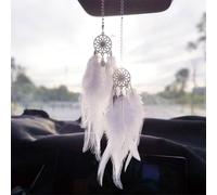Creative Feather Car Pendant for Rear View Mirror Hanging with For Dream Catching Net, Unique Car Interior Decoration Accessory (White)
