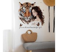 Creative Girl and Tiger Wall Stickers, Self-Adhesive PVC Wall Art with Inspirational Quote You are The Most Beautiful Girl, 30x60cm (2 Sheets)