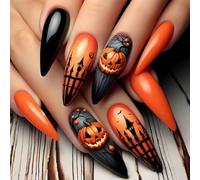 Creative Halloween Artificial Nails Ghostly Pumpkin Art Almond Shape Nails Tips For Costume Parties And Daily Use Pumpkin Ghostly Nail Art