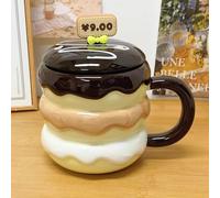 Creative Hamburg Ceramic Mug with Lid, 14 Oz Cute Coffee Cup, Microwave Safe Travel Mug, Hand Painted Porcelain Insulated Tumbler, for Breakfast & Fun Gifts(Black)