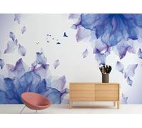 Creative Hand Drawn Purple Flowers Petals Flying Birds 3D Wallpaper Luxury Silk Study Dining Feature Sofa Grey Bedroom Living Room Tv Decorative Wall-430cm×300cm