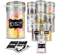 Creative Home 10 x 500ml Glass Jars with Clip Lids Storage Set | Airtight Food Storage containers | 0.5L Kitchen Container Preserving Jar Sweets Flour Pasta | 12 Reusable Stickers & 1 Anti-Dust Chalk