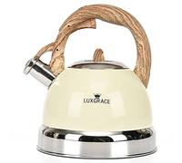 Creative Home 3.0 Qt. Stainless Steel Whistling Tea Kettle Teapot with Ergonomic Wood Rubber Touching Handle for Fast Boiling Heat Water, for Induction Stove Top, Creamy White
