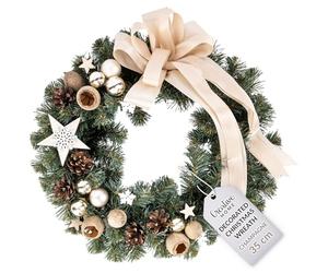 Creative Home Champagne Artificial Christmas Wreath | Round Diameter 35 cm | Xmas Front Door Wreaths Ring Hanger | Reef for Wall Table Window Hanging | Garland Decoration | Indoor & Outdoor