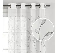 Creative Home Ideas Wavy Leaves, Embroidered Sheer Curtains, Includes 1 Leaf Curtain Panel - Window Drapes with Metal Grommets, 54" x 84", Sheer Vine White Curtain with Silver Grey Leaves