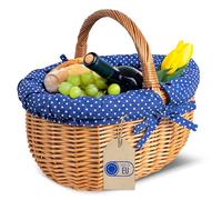 Creative Home Large Wicker Basket Picnic Basket with Navy Blue Dotted Trim