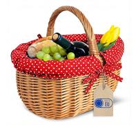 Creative Home Large Wicker Basket Picnic Basket with Red Trim with Polka Dots | Shopping Basket with Handle | 43 x 32 x 37 cm (+/- 2 cm) | Large and Light | Natural Brown Hand-woven Universal