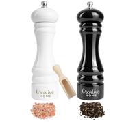 Creative Home Medium Wooden Salt & Pepper Grinder Set | 18 cm Height | Black & White | Mill with Mini Wooden Scoop | Natural Beech Wood | Pefect for Coffee Beans and Spice | Manual Mechanism