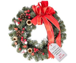 Creative Home Red Artificial Christmas Wreath | Round Diameter 35 cm | Xmas Front Door Wreaths Ring Hanger | Reef for Wall Table Window Hanging | Garland Decoration | Indoor & Outdoor Decorations
