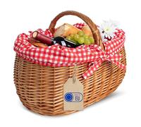 Creative Home Wicker Basket Picnic Basket Car Basket with Red Plaid Trim | Shopping Basket with Handle | 45 x 32 x 34 cm (+/- 2 cm) | Large and Light | Natural Brown Hand-Woven Universal