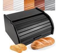 Creative Home Wooden Bread Bin Black Rectangular Natural Beech Wood 38 X 28.5 X 17.5 Cm (+/- 1Cm) Bread Box Roll-Top Lid