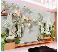 Creative Jade Carving Peach Tree Flying Birds Marble Effect 3D Wallpaper Easy Install Feature Office Living Room Sofa Bedroom TV Background Wall Decoration-400cm×280cm