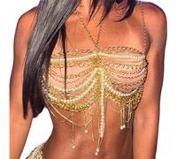 Creative Layered Tanks Top Imitation Pearls Body Chain Statement Necklace Tops For Everyday Wear And Special Occas Metal Imitation Pearls Body Chain Layered Top