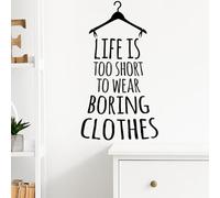 Creative Life is Too Short to Wear Boring Clothes Wall Sticker, Hanger Design with Motivational Quote, Self-Adhesive PVC Decal for Bedroom, Closet, Home Decor