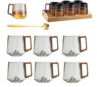 Creative Mountain Bottom Wooden Handle Glass Cup, 450ml Retro Smokey Gray Clear Slanted Coffee Cups, Heat Cold Resistant Whiskey Mug for Tea and Cocktail Lovers