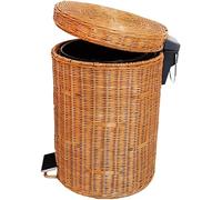 Creative Nordic Rattan Trash Can with Lid - Silent Slow-Down Pedal Wastebasket Stylish 12L Garbage Bin for Home & Office Yellow Country Decor