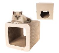 Creative Pets Cat Scratching Post | 37 x 30 x 30 cm | Scratching Cardboard with Plywood | 2in1 Scratching Post & Cardboard House | Natural Beige | Resistant Furniture for Cats | Cat Tree