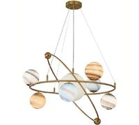 Creative Planet Chandelier for Kids Bedroom 7 Lights Modern Gold Glass Globe Pendant Lamp Large Round Ring Astronaut Lamp Ceiling Pendant for Girls Bedroom