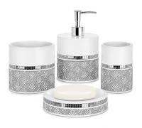 Creative Scents Bathroom Accessory Set - White and Gray Bathroom Décor Set - 4 Piece Decorative Bathroom Set Includes: Soap Dispenser, Soap Dish, Toothbrush Holder and Tumbler (Mirror Damask)