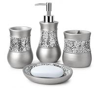 Creative Scents Brushed Nickel Bathroom Accessories Set, 4 Piece Bath Ensemble, Bath Set Collection Features Soap Dispenser Pump, Toothbrush Holder, Tumbler, Soap Dish- Silver Mosaic Glass