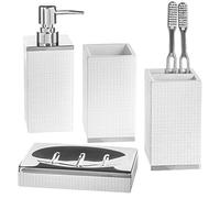 Creative Scents Estella White Bathroom Accessories Set - 4 Piece Bathroom Set with Silver Base - Decorative Bathroom Accessory Set Includes: Soap Dispenser, Toothbrush Holder, Soap Dish and Tumbler