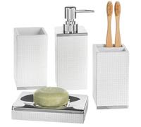 Creative Scents Estella White Bathroom Accessories Set - 4 Piece Bathroom Set with Silver Base - Decorative Bathroom Accessory Set Includes: Soap Dispenser, Toothbrush Holder, Soap Dish and Tumbler