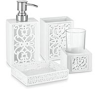 Creative Scents Mirror Janette White Bathroom Accessories Set - Decorative 4 Piece Bathroom Set - Mirrored Bathroom Accessory Set Includes: Soap Dispenser, Toothbrush Holder, Soap Dish and Tumbler