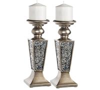 Creative Scents Schonwerk Pillar Candle Holder Set of 2- Crackled Mosaic Design- Functional Table Decorations- Centerpieces for Dining/Living Room- Best Wedding (Silver)