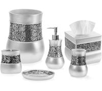 Creative Scents Silver Bathroom Accessories Set Complete - 6 Piece Mosaic Glass Bathroom Accessory Set Includes: Trash Can, Tissue Box Cover, Soap Dispenser, Toothbrush Holder, Soap Dish & Tumbler