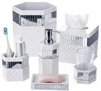 Creative Scents White Bathroom Accessories Set - Decorative 6 Piece Bathroom Set Includes: Trash Can, Tissue Box Cover, Soap Dispenser, Toothbrush Holder, Tumbler & Soap Dish (Quilted Mirror)