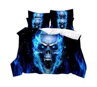 Creative Skull 3D Duvet Cover with Zipper, Black Gray Red Blue Flame Skull Bedding Set Grim Reaper Graffiti Men Quilt Cover and Pillowcase, Microfiber Polyester (Blue,Single 135x200 cm)