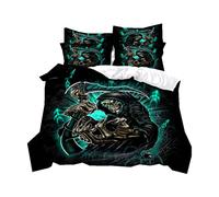 Creative Skull 3D Duvet Cover with Zipper, Black Gray Red Blue Flame Skull Bedding Set Grim Reaper Graffiti Men Quilt Cover and Pillowcase, Microfiber Polyester (Green,Double 200x200 cm)