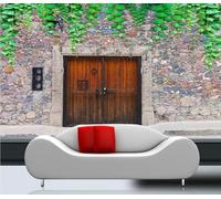 Creative Stone Wall Wooden Door Green Leaves Vines 3D Wallpaper Easy Install Feature Office Living Room Sofa Bedroom TV Background Wall Decoration-350cm×256cm
