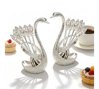 Creative Swan Design Coffee Stirring Spoon Set 6 Spoons, Swan Design Spoons Set, Creative Café Spoonss Rest, Zinc Alloy Swans Shape Holder for Coffee Fruit Dessert Ice Cream Cake (Silver * 2Pcs)