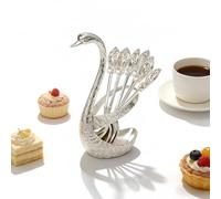 Creative Swan Design Coffee Stirring Spoon Set 6 Spoons, Swan Design Spoons Set, Creative Café Spoonss Rest, Zinc Alloy Swans Shape Holder for Coffee Fruit Dessert Ice Cream Cake (Silver)