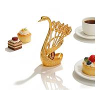 Creative Swan Design Coffee Stirring Spoon Set 6 Spoons, Swan Design Spoons Set, Creative Café Spoonss Rest, Zinc Alloy Swans Shape Holder for Coffee Fruit Dessert Ice Cream Cake (Gold)