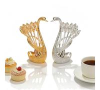Creative Swan Design Coffee Stirring Spoon Set 6 Spoons, Swan Design Spoons Set, Creative Café Spoonss Rest, Zinc Alloy Swans Shape Holder for Coffee Fruit Dessert Ice Cream Cake (Gold+Silver)